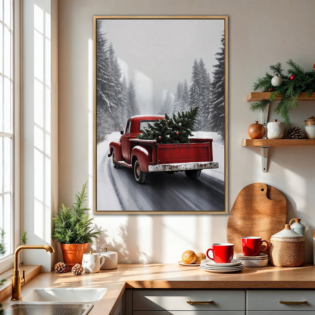 Framed Wall Art: Vintage red truck with Christmas tree in snowy forest. Rustic, warm color palette. Perfect for holiday decor.