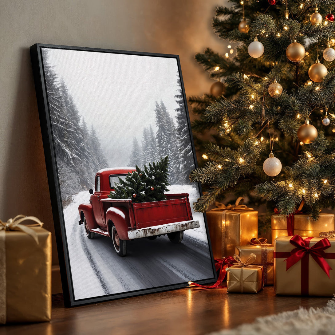 Framed Wall Art featuring a vintage red truck in a snowy forest. Rustic style with a red, white, and green color palette, perfect for holiday decor.