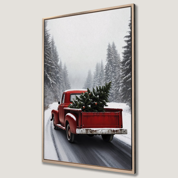Framed Wall Art: Rustic red truck carrying Christmas tree on snowy road. Winter scene with a warm color palette, perfect holiday decor.