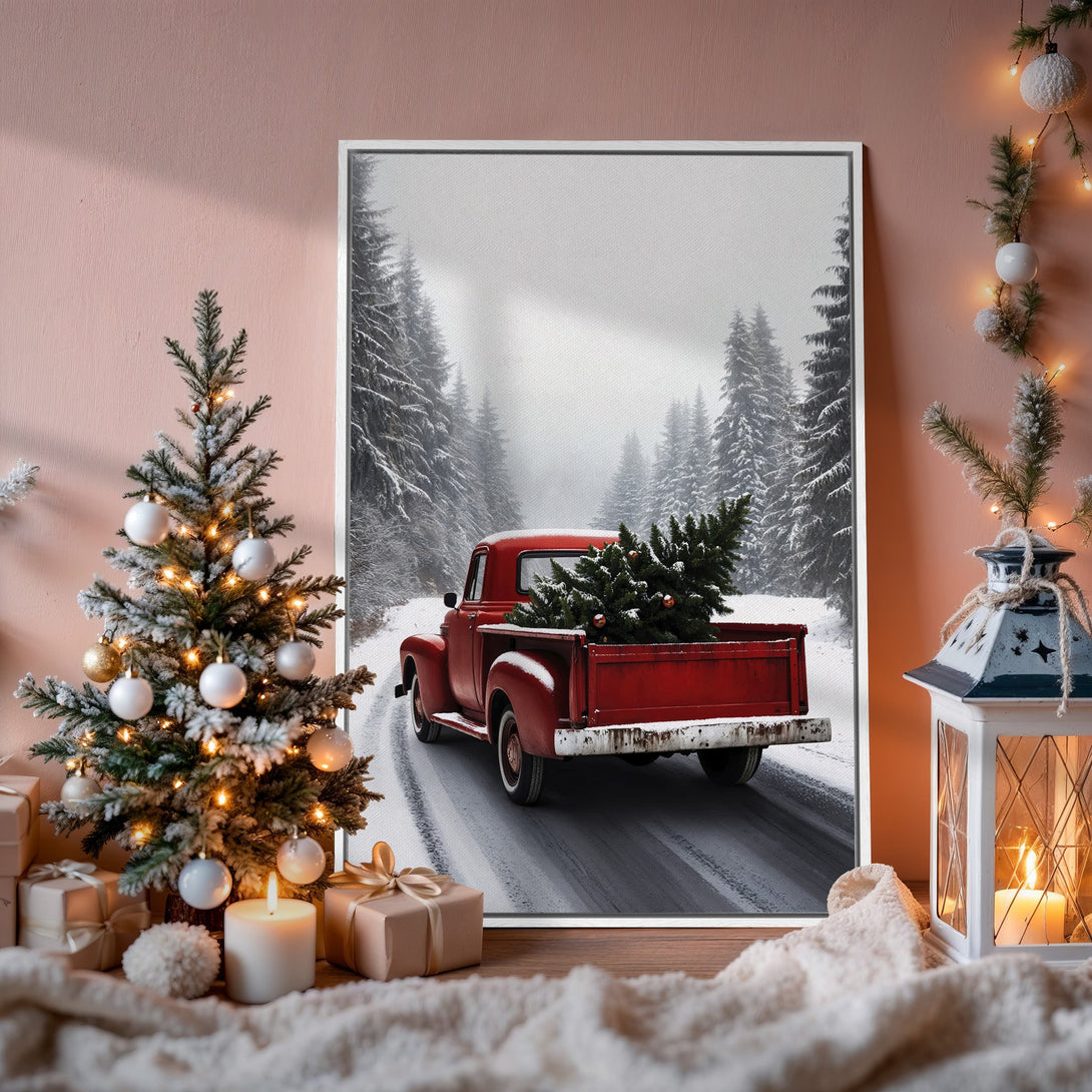 Framed Wall Art: Vintage red truck with Christmas tree in snowy forest. Rustic style, warm color palette perfect for holiday decor.