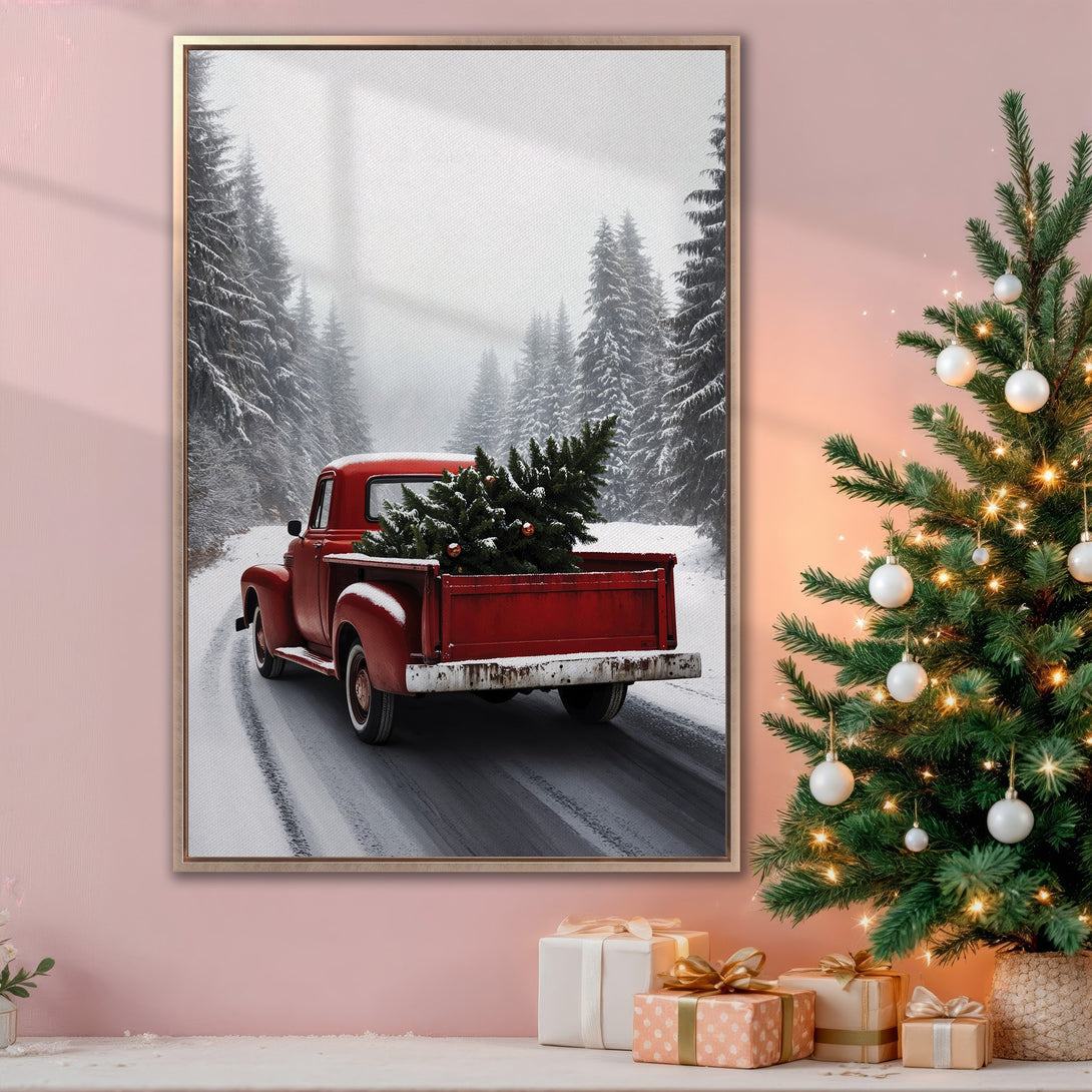 Framed Wall Art: Vintage red truck carrying a Christmas tree in a snowy forest. Rustic style with red, white, and green color palette. Perfect holiday decor!