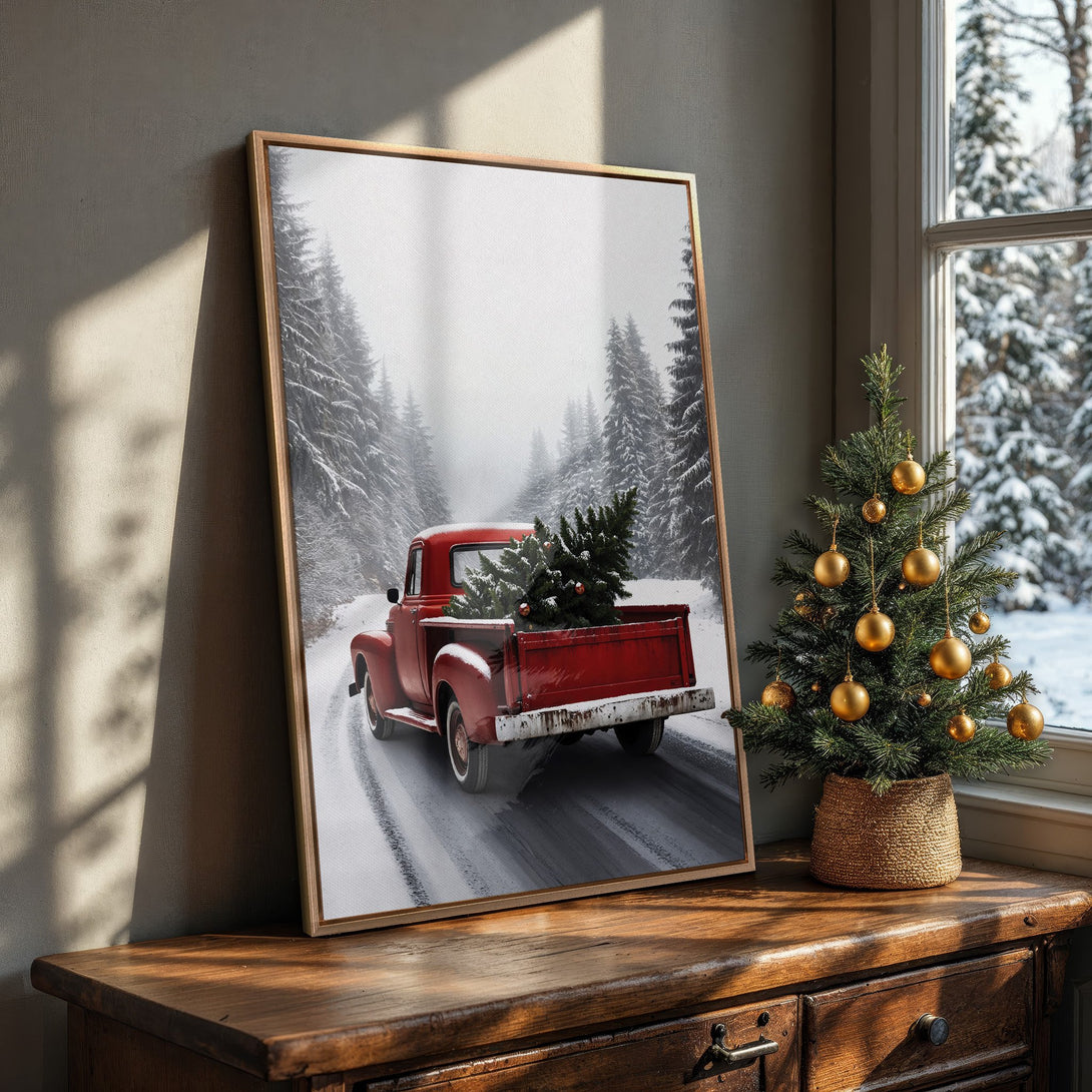 Framed Wall Art: Rustic red truck with Christmas tree in snowy forest. Warm, inviting color palette. Perfect holiday decor for your home.