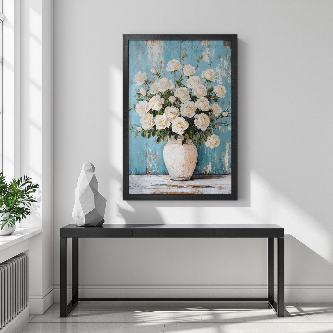 Framed Poster featuring white roses in a vase against a blue backdrop. Romantic floral art in a vintage style, soft color palette for home decor.