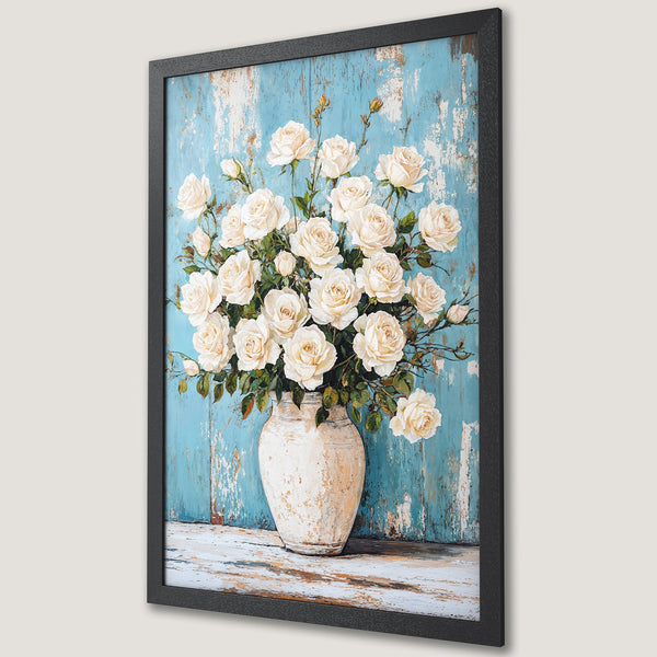 Framed Poster featuring white roses in a vase against a blue backdrop. Rustic style, neutral and pastel color palette. Perfect wall art.