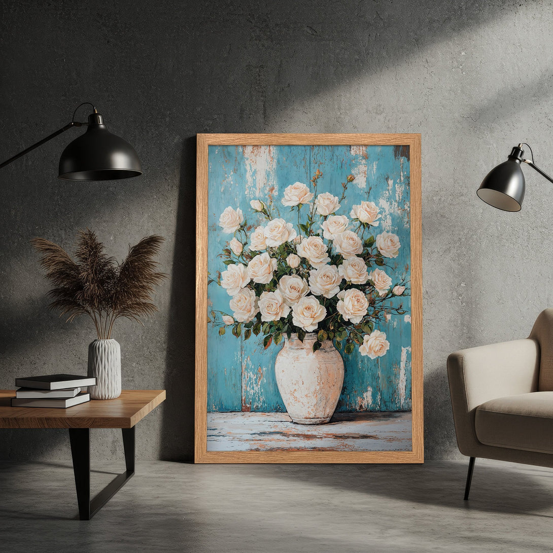 Framed Poster featuring white roses in a rustic vase against a blue background. Elegant art print with a neutral color palette.
