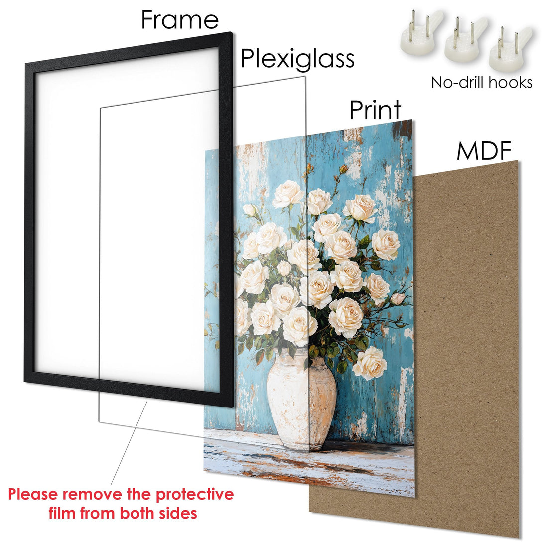 Framed Poster featuring a floral still life in a rustic style with a blue and cream color palette. Perfect wall art!
