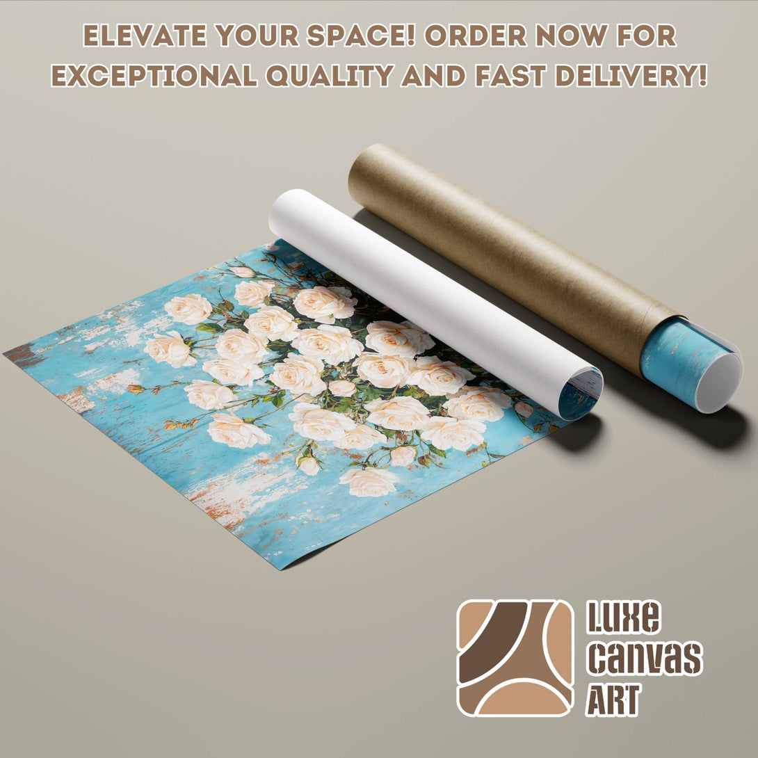 Poster Roll featuring white roses on a blue background. Rustic style, neutral & pastel color palette. Order now!