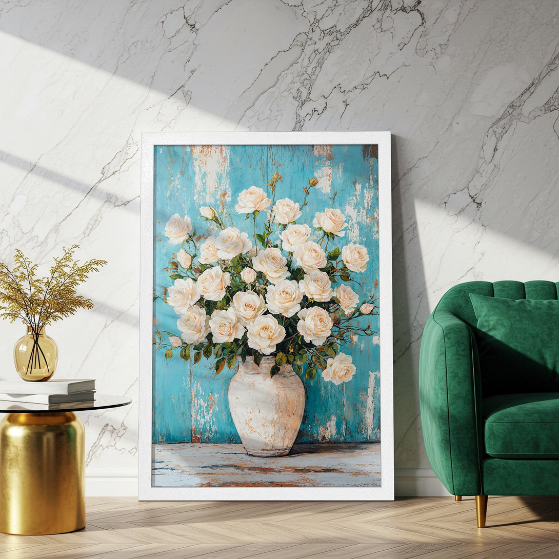 Framed Poster featuring a floral still life with white roses, vintage style, and a teal and cream color palette. Perfect wall art!