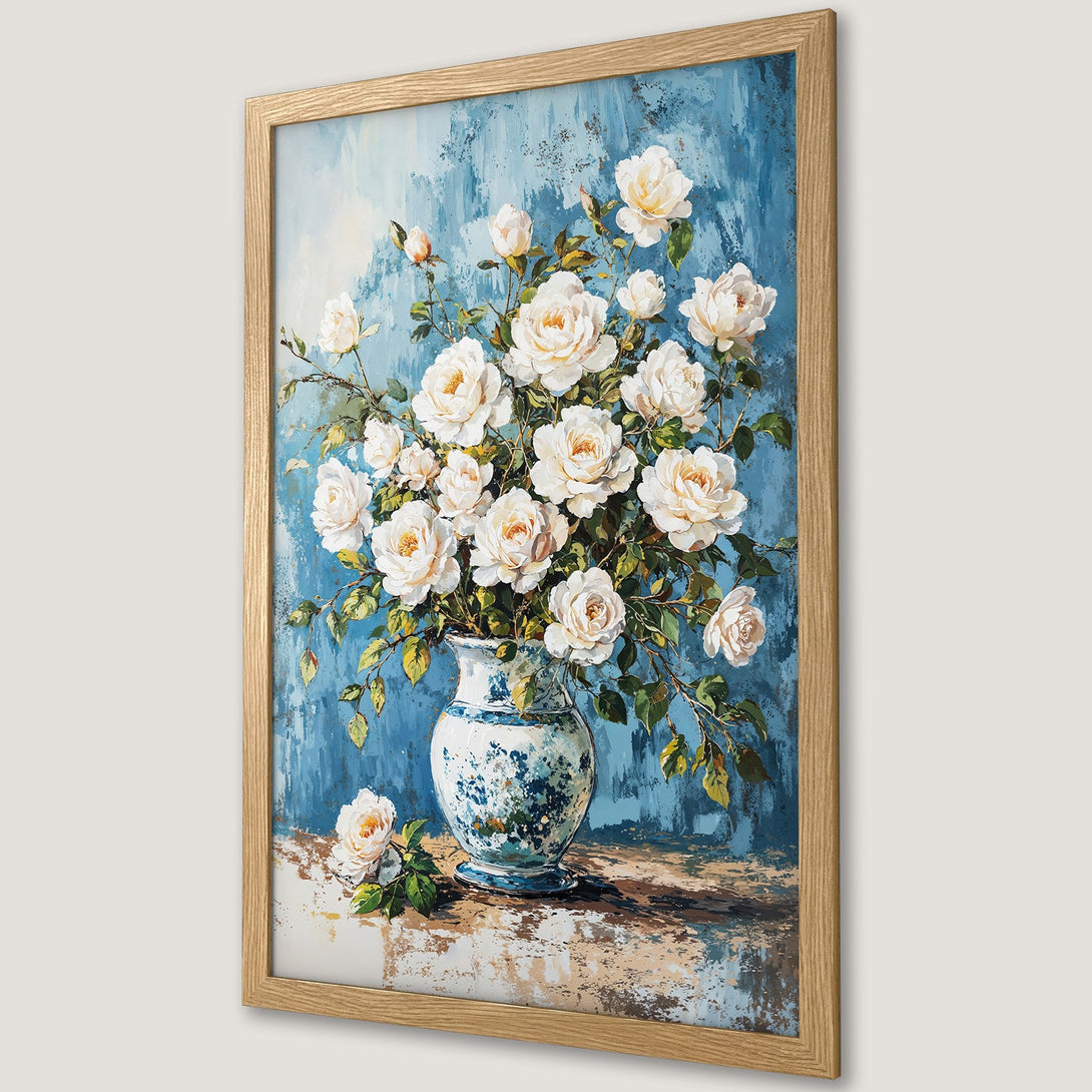 Framed Poster featuring a floral still life with white roses, painted in a classic style with a blue and neutral color palette. Perfect wall art!
