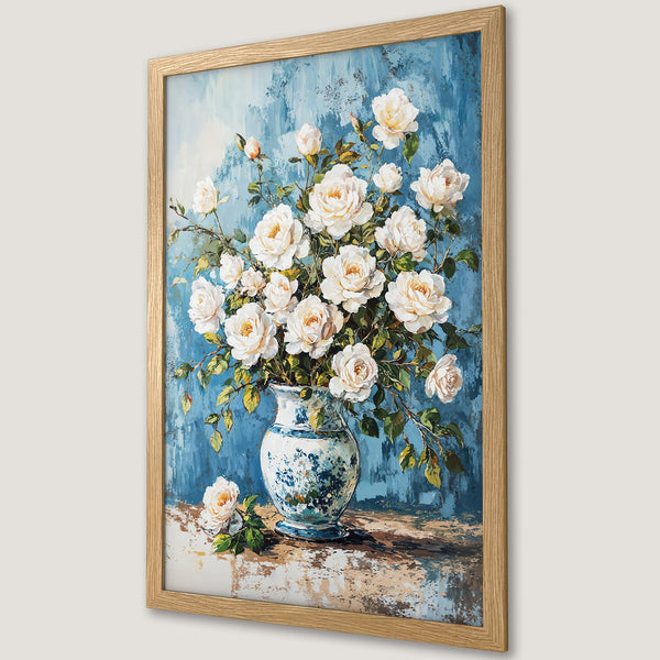 Framed Poster featuring a floral still life with white roses, painted in a classic style with a blue and neutral color palette. Perfect wall art!