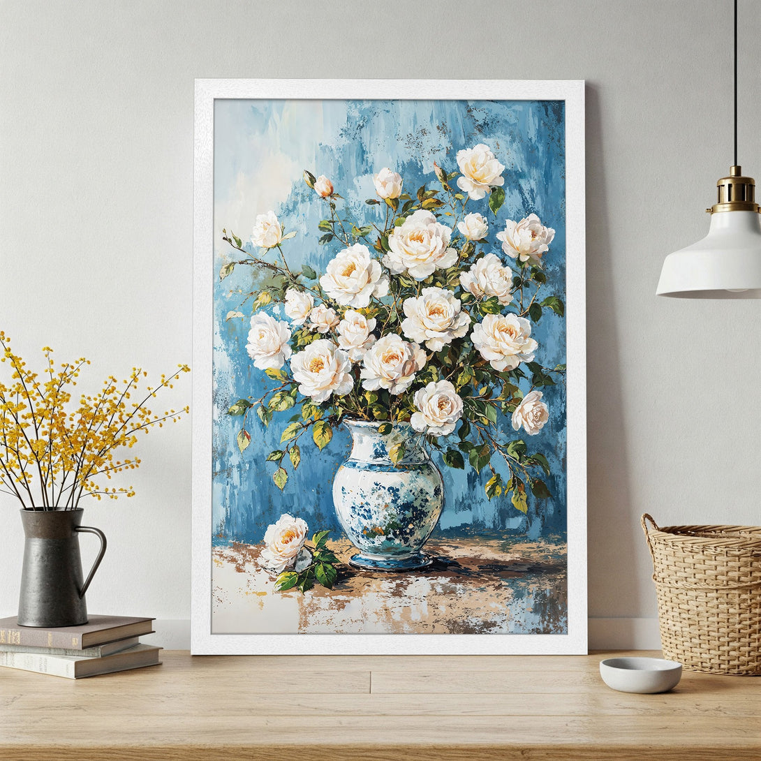 Framed Poster featuring white roses in a vase. Classic style with a blue and white color palette, perfect for home decor.
