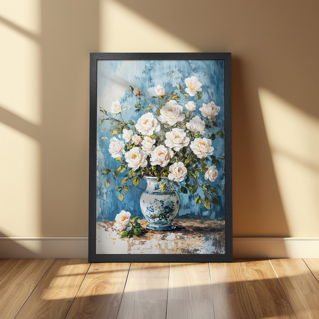 Framed Poster featuring a floral still life with white roses in a blue and white vase. Artistic style, blue and cream color palette.