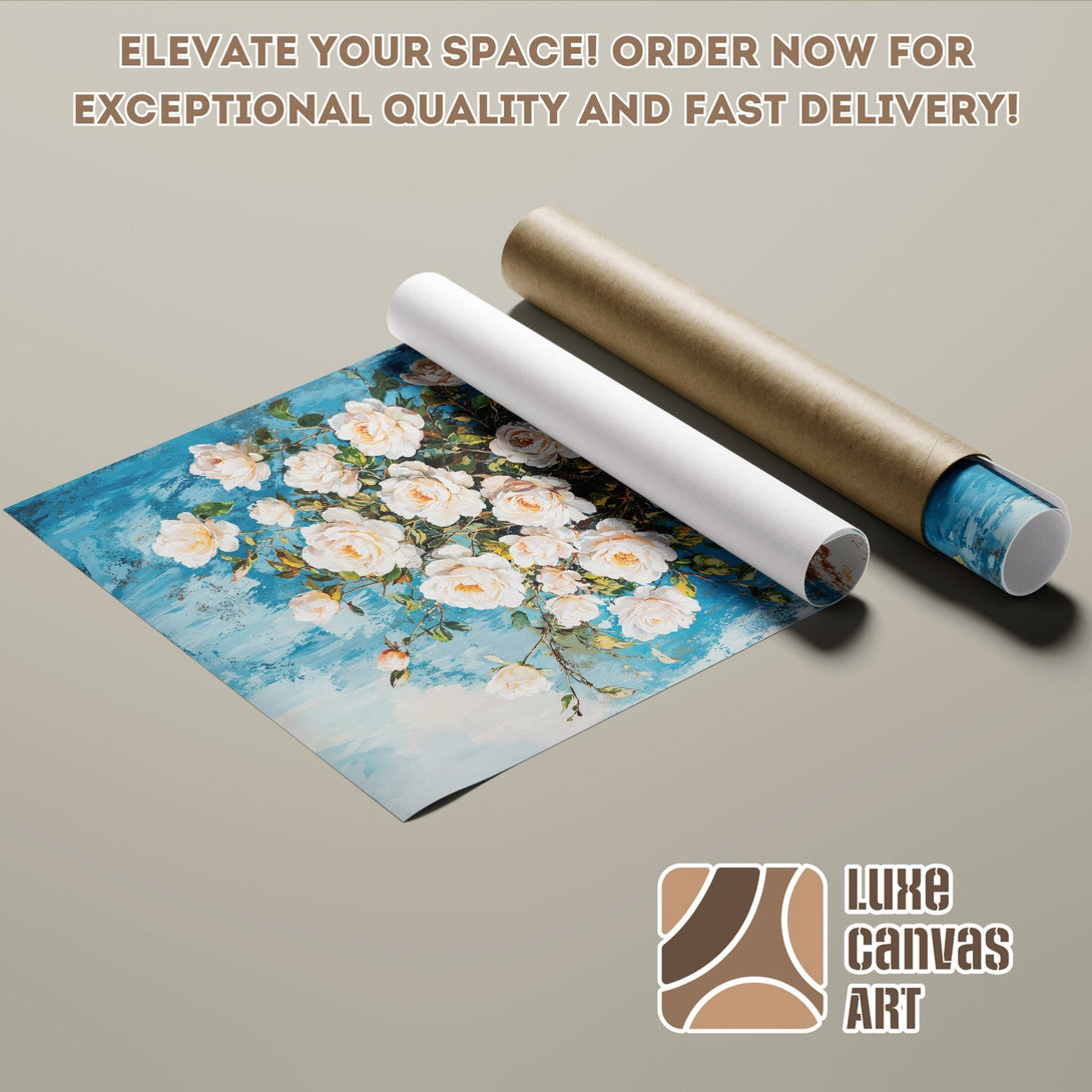 Floral Poster Roll in blue and cream tones. Enhance your space with this beautiful art!