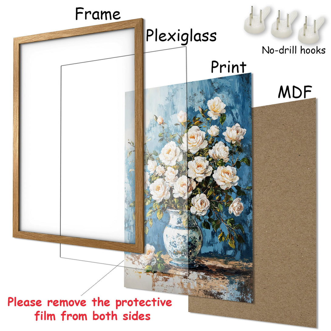 Framed Poster featuring a floral still life in a vase, with a blue and white color palette. Elegant wall art for your home.