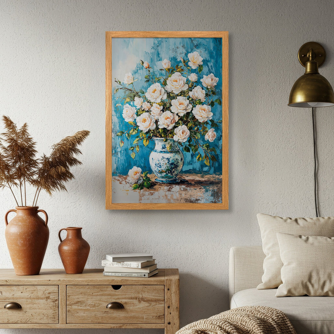 Framed Poster featuring white roses in a vase, painted in a classic style with a blue and neutral color palette. Perfect wall art!