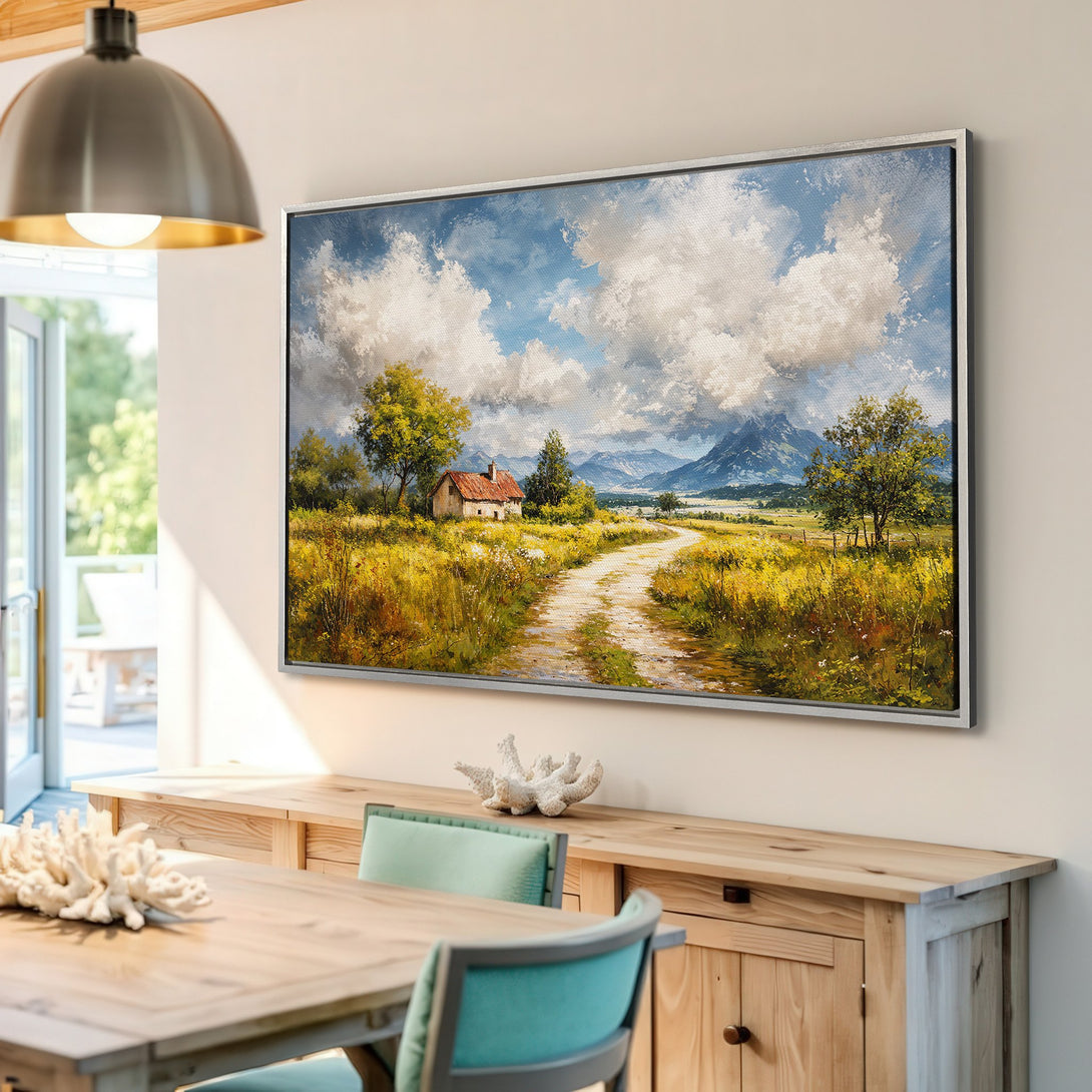 Framed Wall Art: Landscape Canvas Print in warm yellow and blue tones. Rustic painting of a cottage and road, perfect for adding a touch of nature.