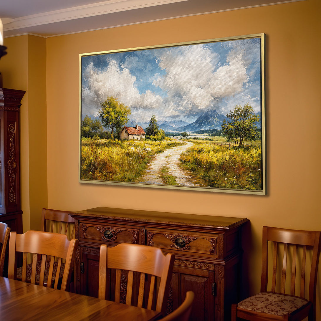 Canvas Print of a serene landscape painting in a neutral living room. Features a country road, house, and a warm color palette.
