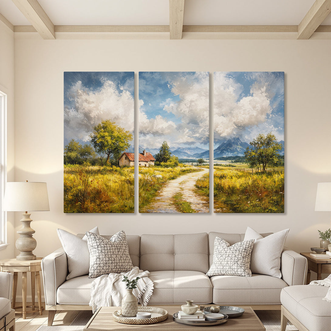 Canvas Print of a serene landscape painting. Features a countryside scene with a house, road, and mountains. Warm, inviting color palette.