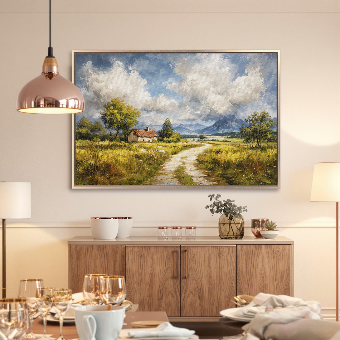 Framed Wall Art: Landscape painting with a house and road, featuring a blue sky, yellow fields, and green trees. Perfect for home decor.