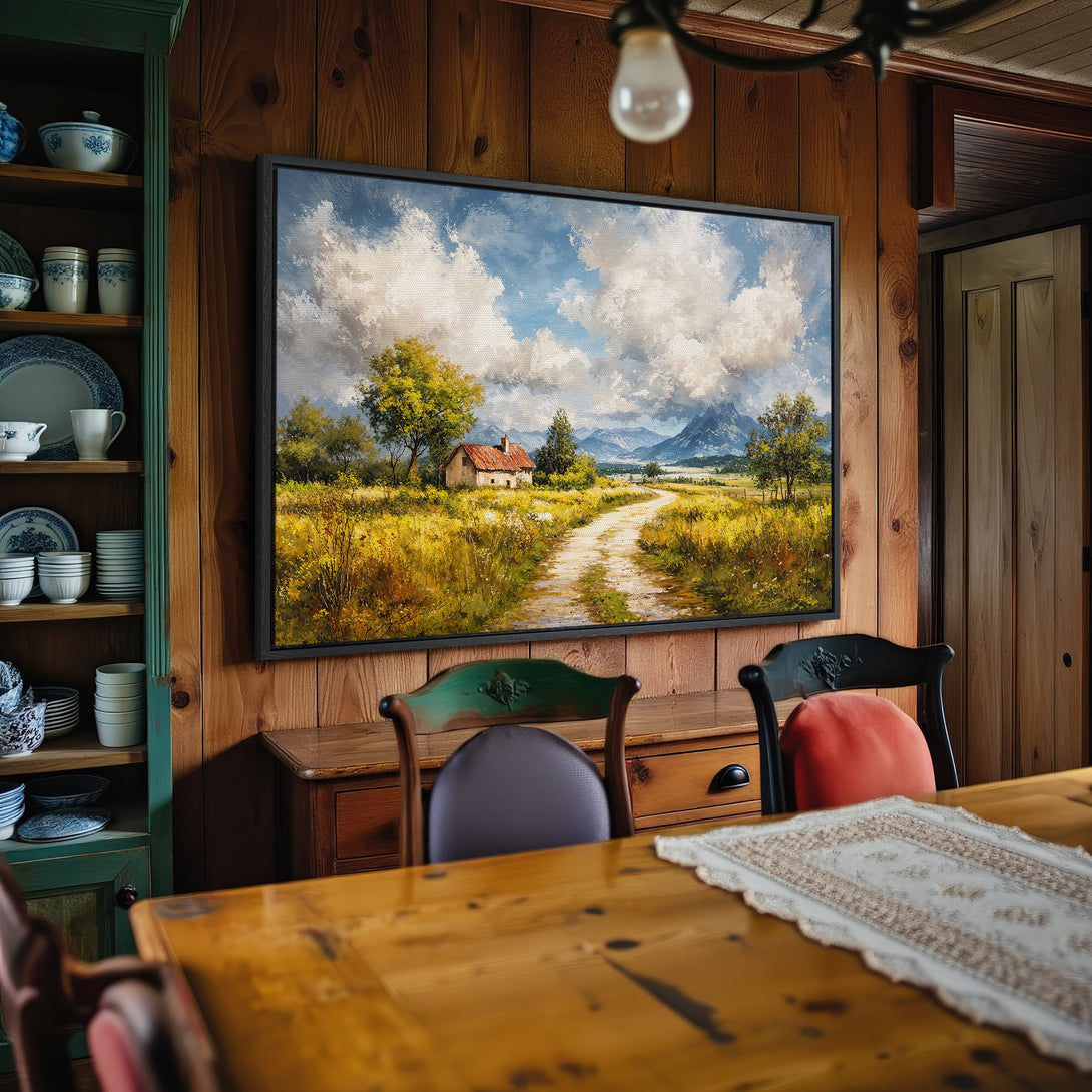 Framed Wall Art: Landscape Canvas Print with a rustic cabin scene, featuring a warm color palette of yellows, greens, and blues. Perfect for home decor.