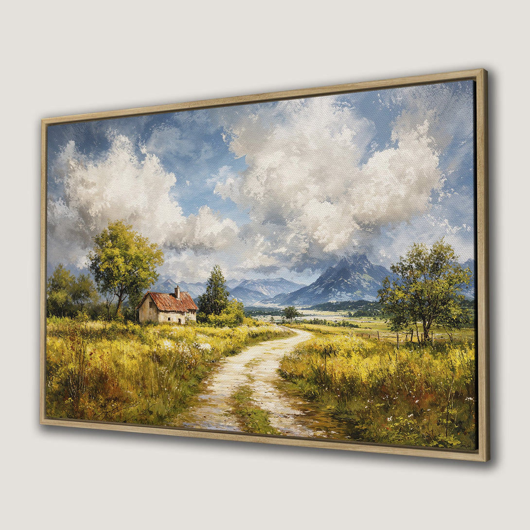 Canvas Print of a scenic landscape painting. Features a cottage, path, and mountains in a warm, inviting color palette. Perfect wall art!