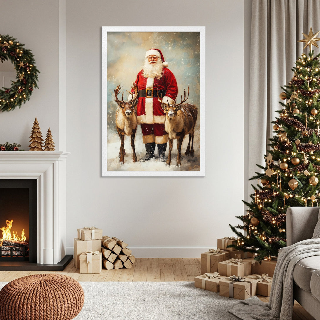 Framed Poster featuring Santa Claus and reindeer in a vintage style, with a red, white, and brown color palette, perfect for Christmas decor.