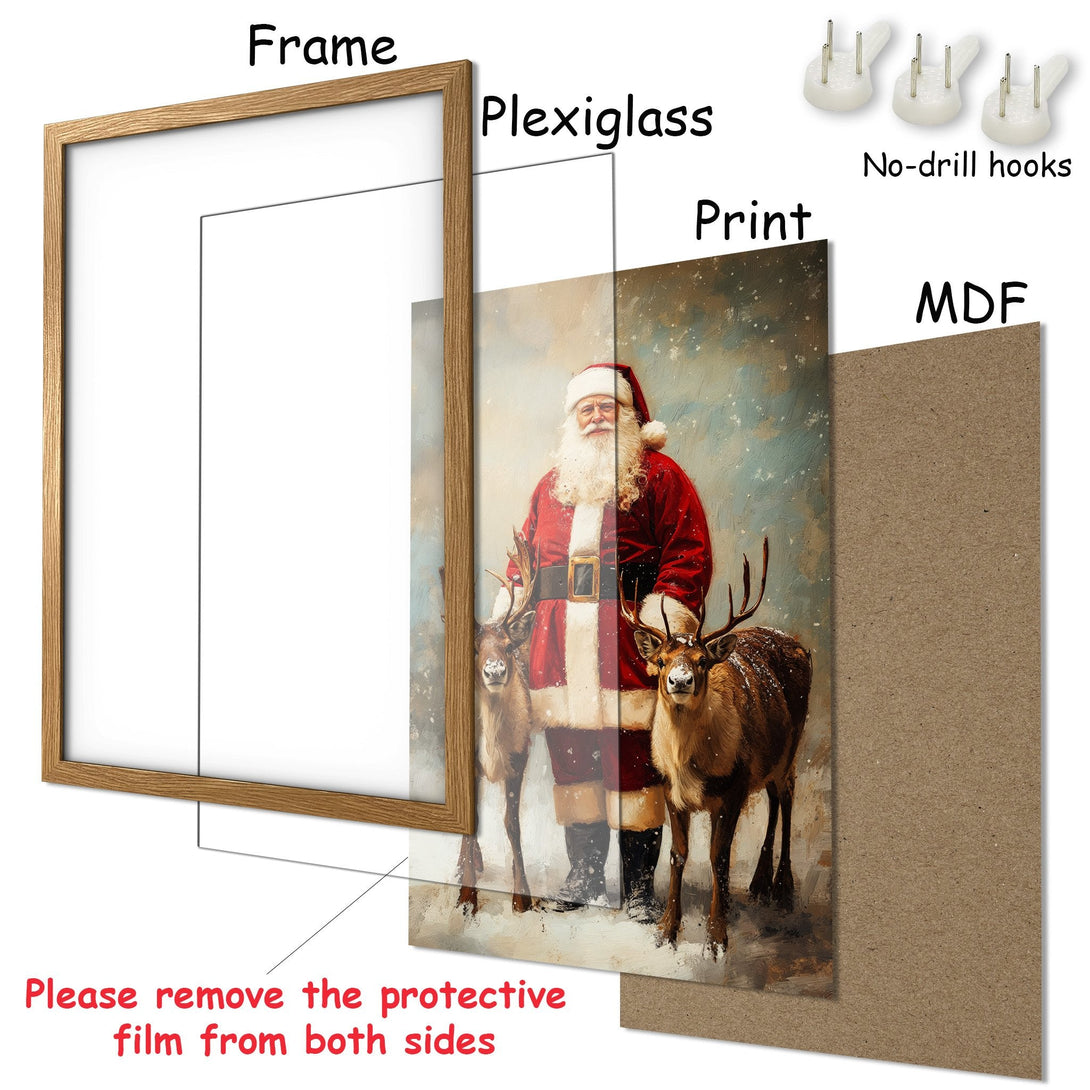 Framed Poster featuring Santa Claus with reindeer, painted in a warm, wintery style with a red, brown, and white color palette. Perfect Christmas decor!