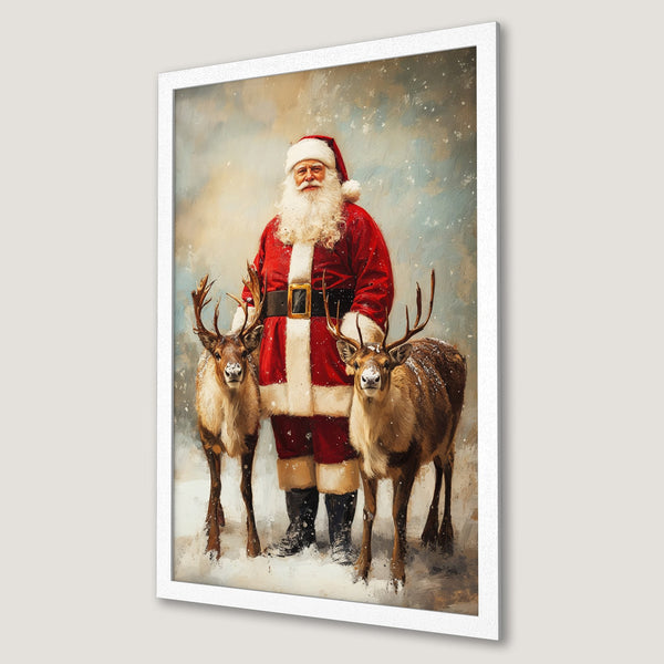 Framed Poster featuring Santa Claus and reindeer in a painterly style with a red and brown color palette, perfect Christmas decor.