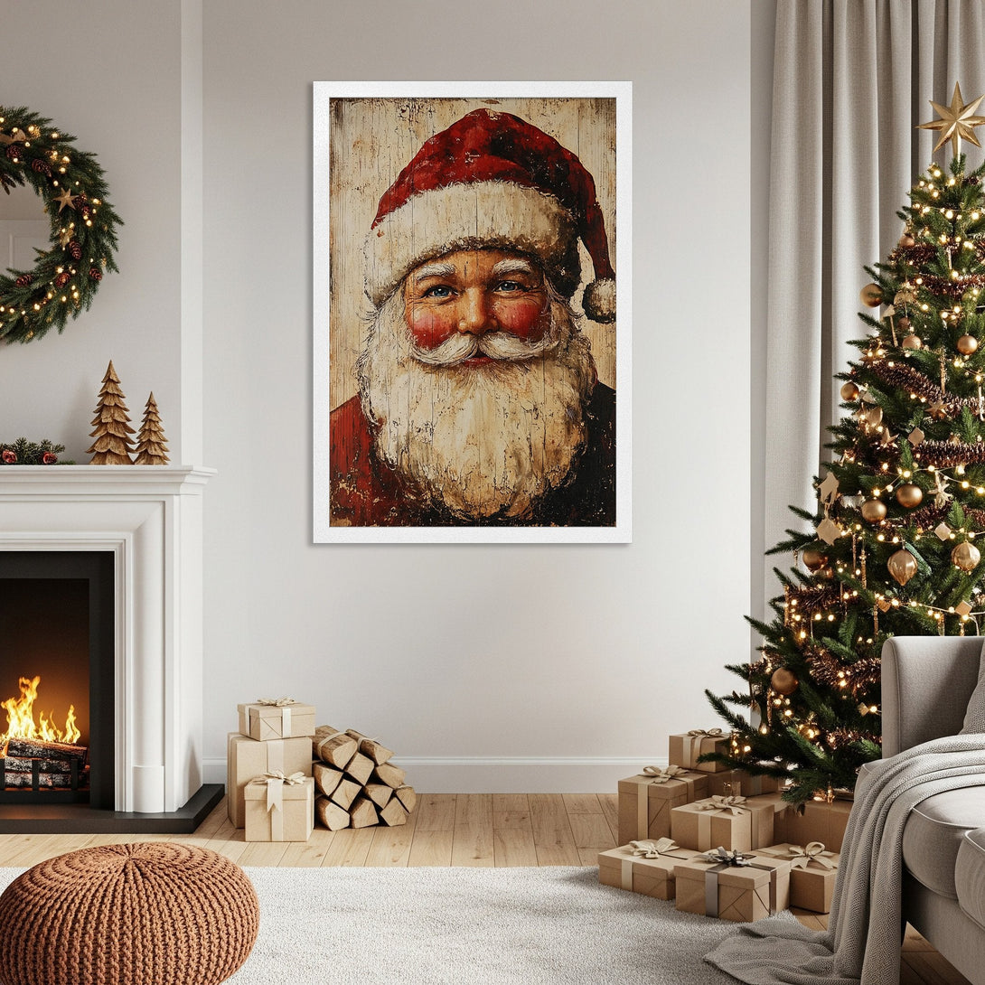 Framed Poster featuring Santa Claus in a vintage style, warm red and beige tones. Perfect Christmas decor!