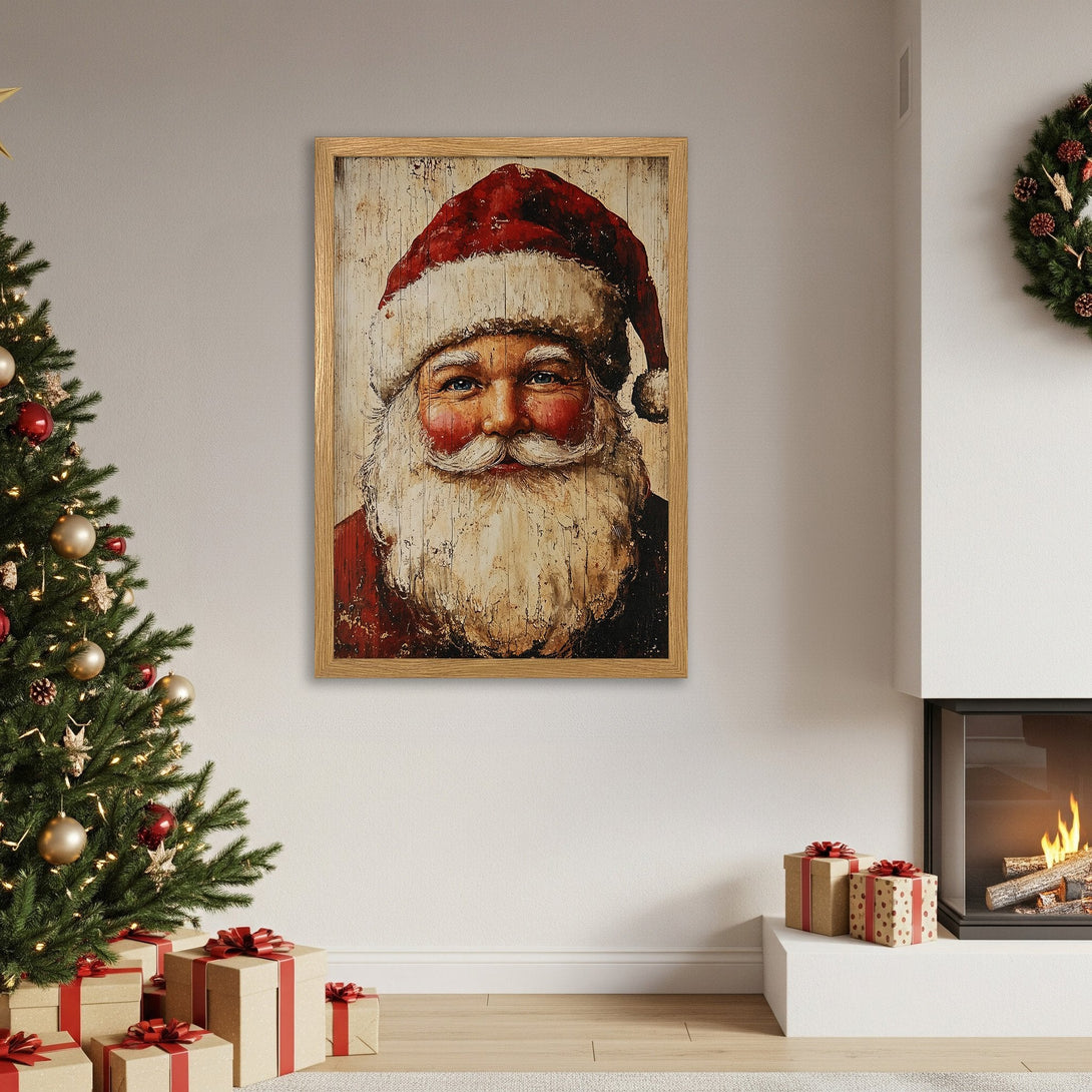 Framed Poster of Santa Claus. Rustic style, warm red and beige color palette, perfect for Christmas decor.