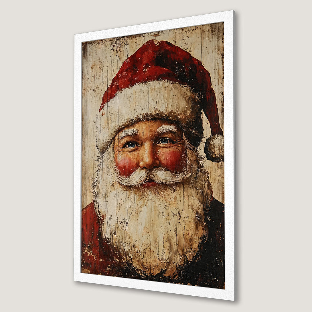 Framed Poster featuring Santa Claus portrait in rustic style, red and beige color palette. Perfect Christmas decor!