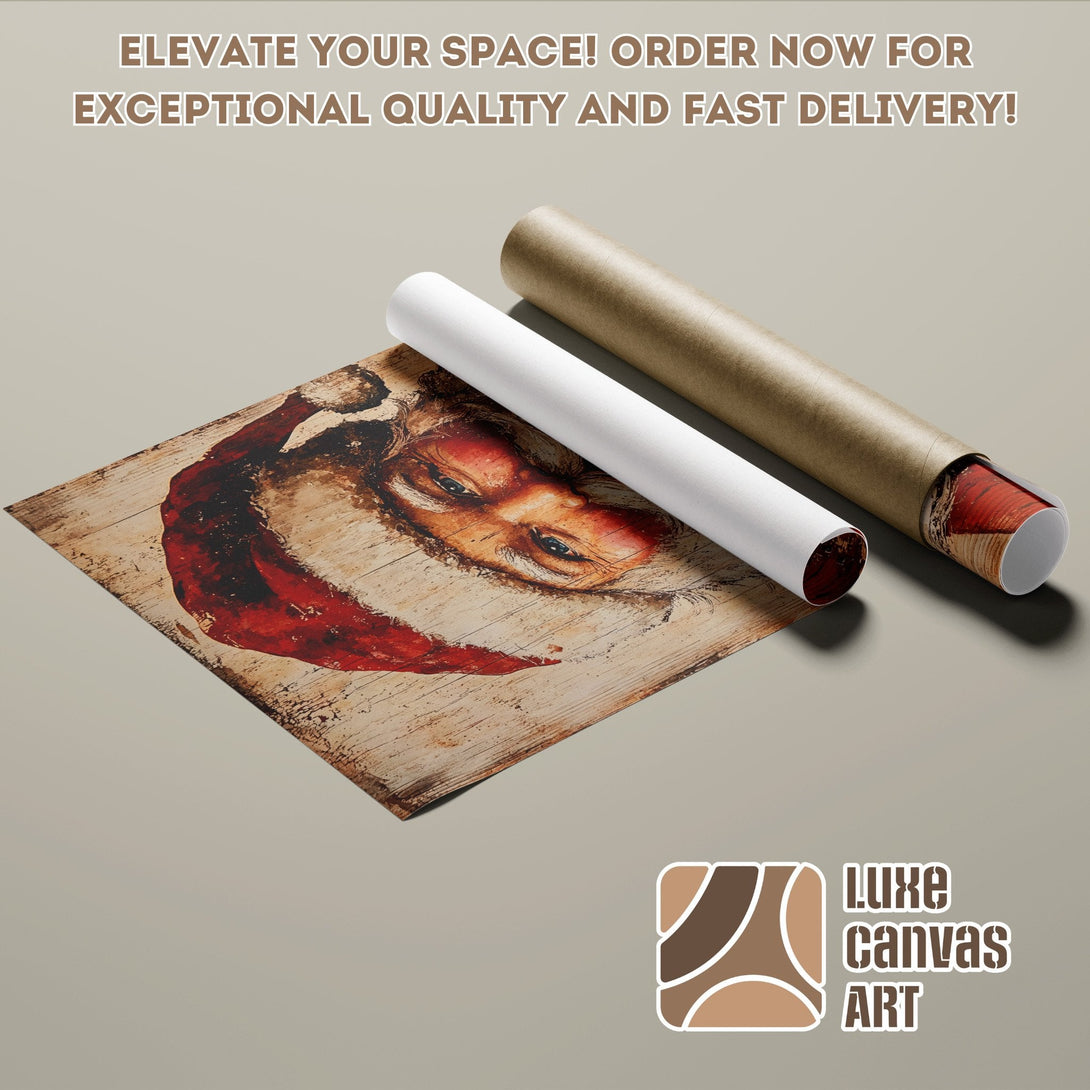 Santa Claus Poster Roll, rustic style, red and brown color palette. Elevate your space!