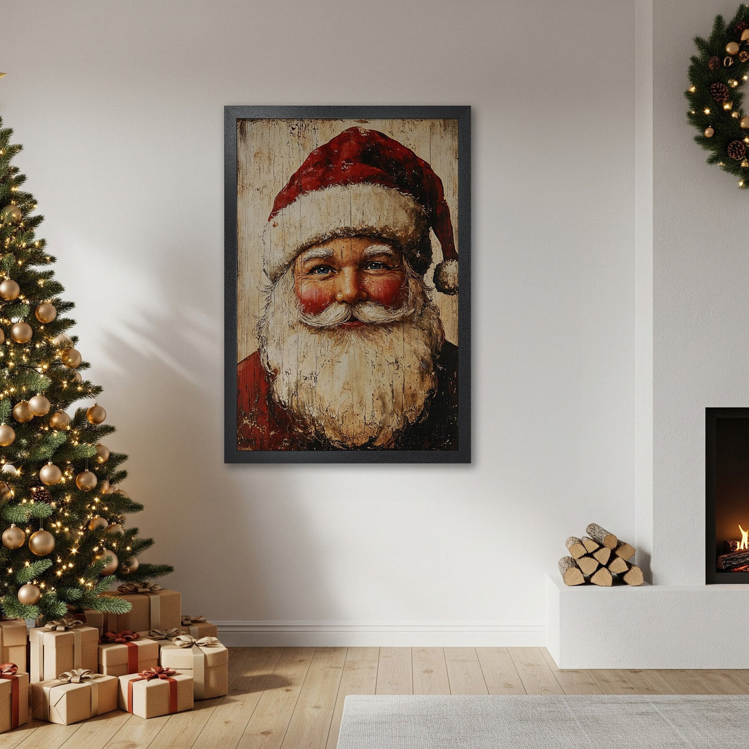 Framed Poster featuring Santa Claus portrait in rustic style, red & beige color palette, perfect Christmas decor.