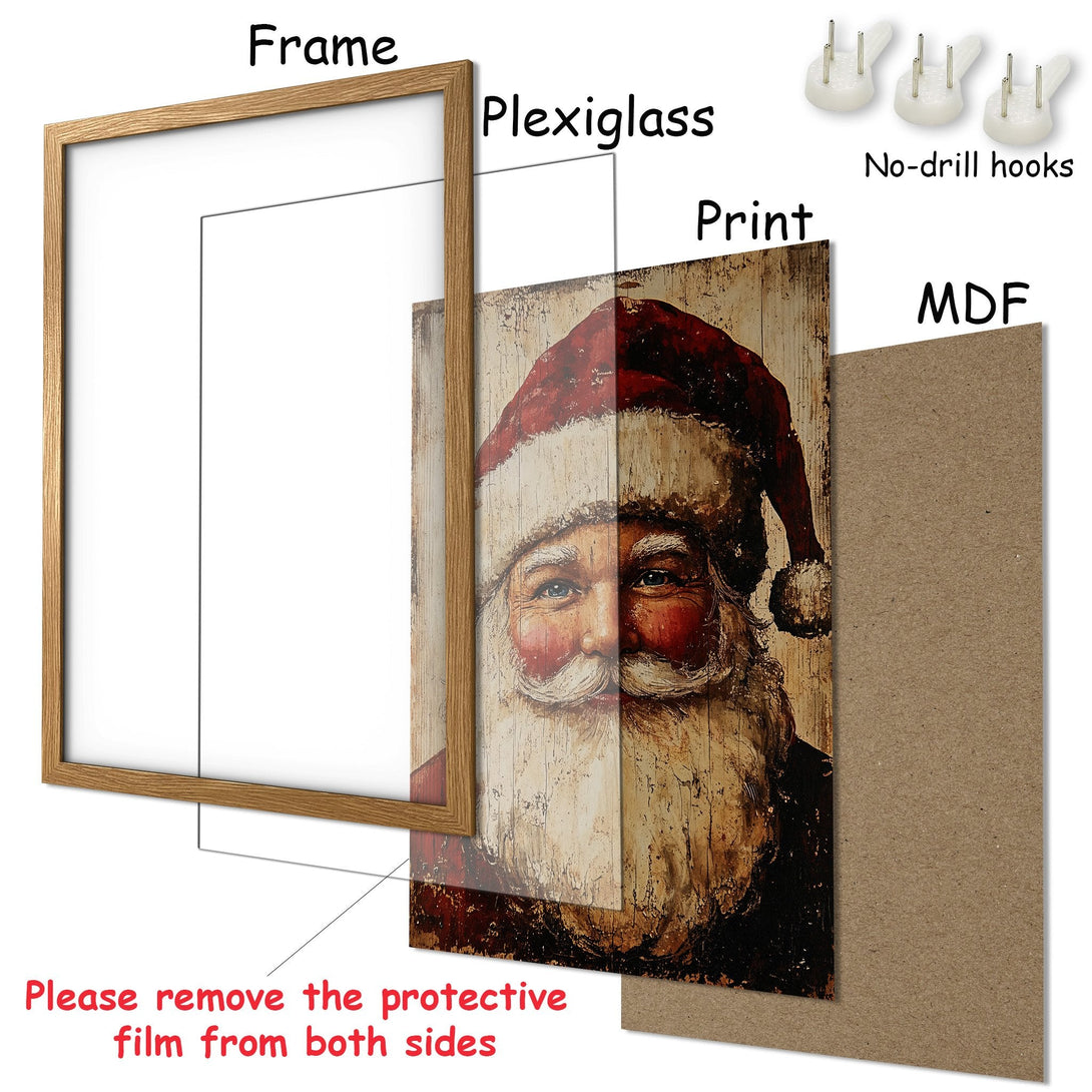 Framed Poster featuring Santa Claus in a rustic style with a warm, earthy color palette, perfect for Christmas decor.