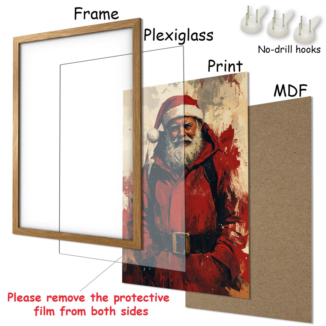 Framed Poster featuring Santa Claus in an expressive, painterly style with a red and neutral color palette. Perfect holiday decor!