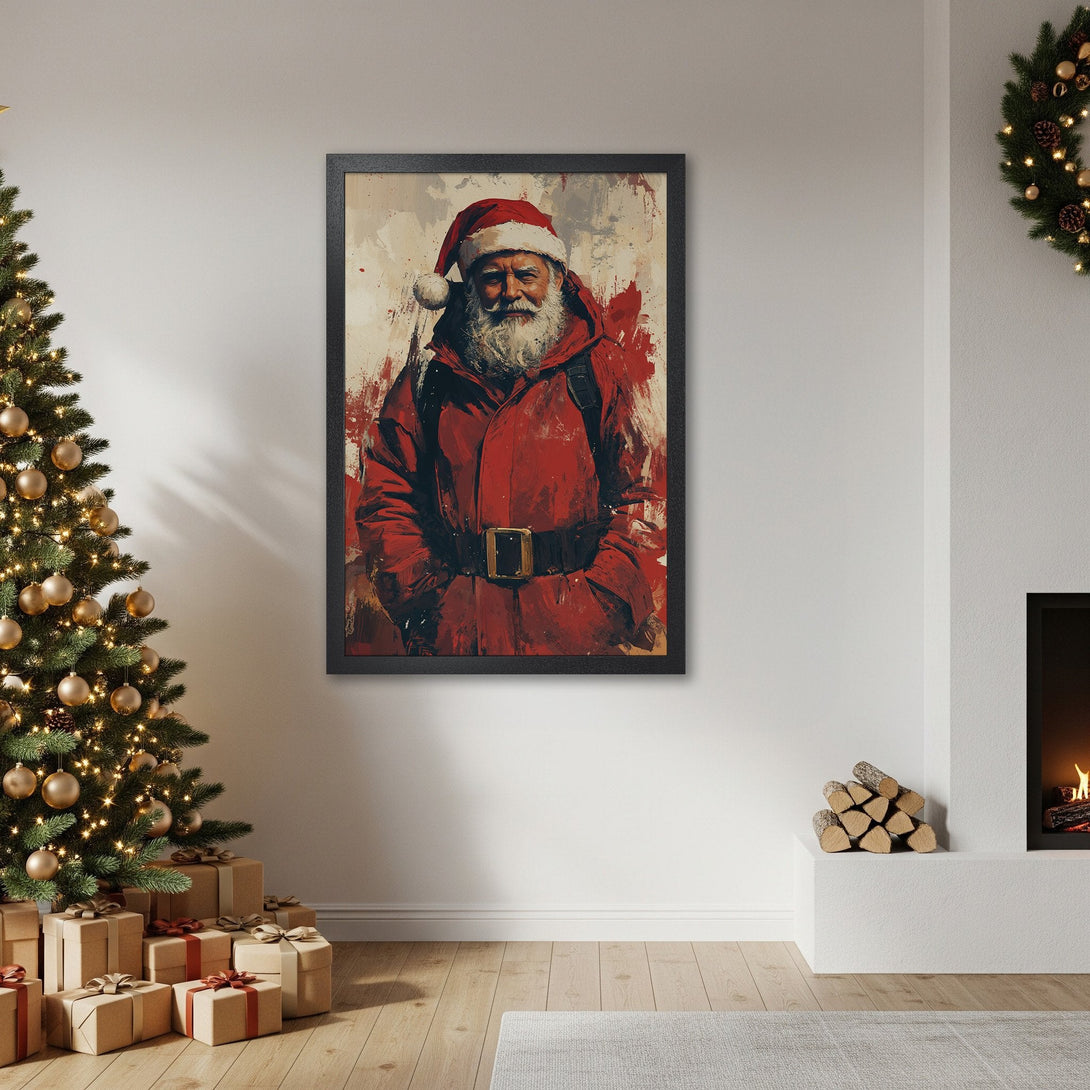 Framed Poster featuring Santa Claus in a red coat, artistic style. Festive Christmas decor with a warm red and white color palette.