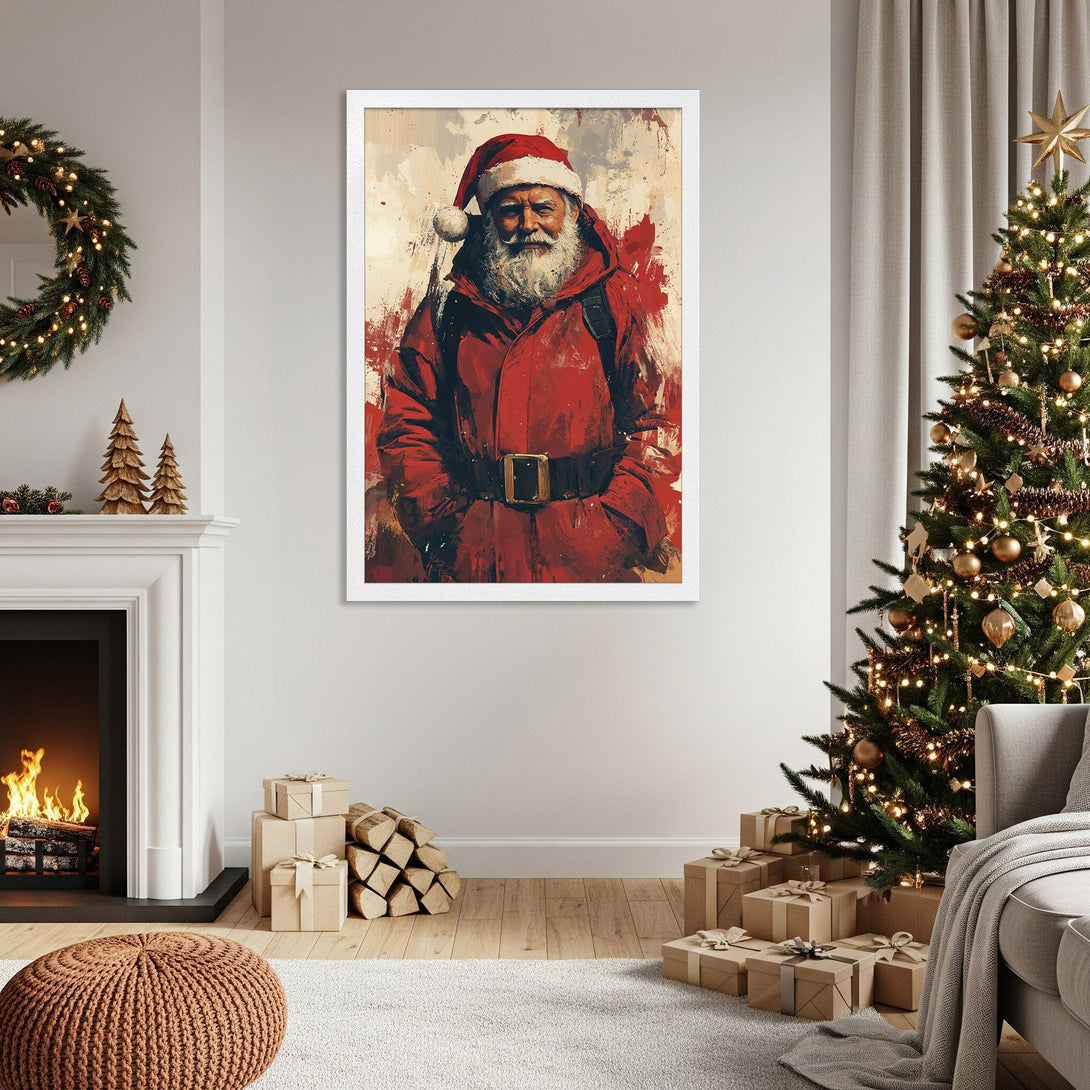 Framed Poster featuring Santa Claus in a red coat. Artistic style with a warm red and neutral color palette, perfect for Christmas decor.