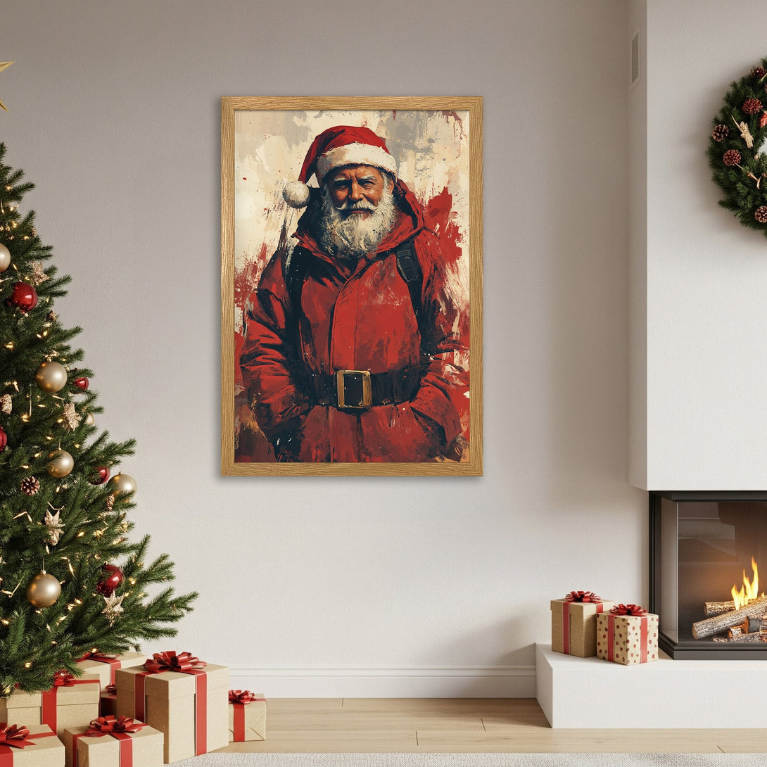 Framed Poster of Santa Claus in a painterly style, featuring a red and beige color palette, perfect for holiday decor.