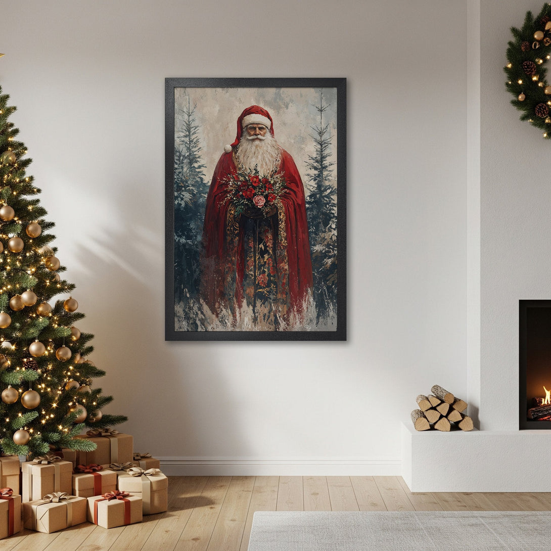 Framed Poster featuring Santa Claus in a red robe, artistic style, festive Christmas decor, warm color palette. Perfect holiday gift!