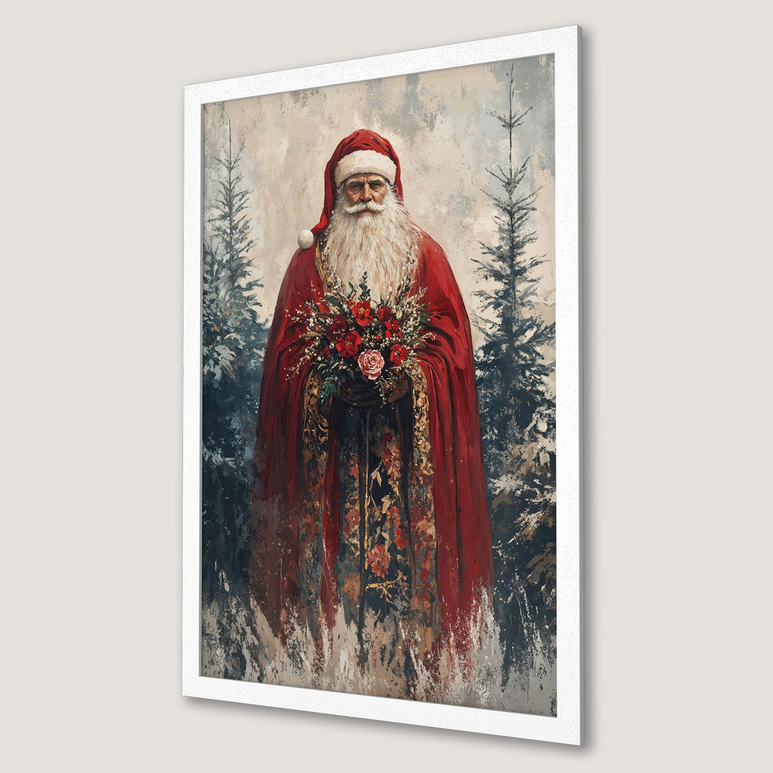 Framed Poster featuring Santa Claus in a red robe, holding flowers. Artistic style with a warm, festive color palette perfect for Christmas decor.