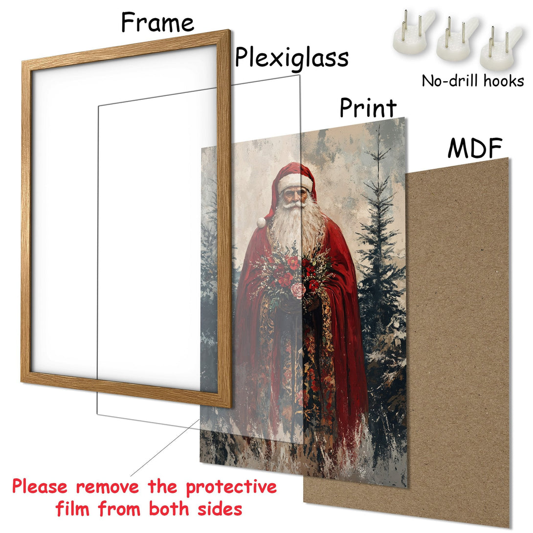 Framed Poster featuring Santa Claus in a vintage style with a red and neutral color palette. Perfect Christmas decor!