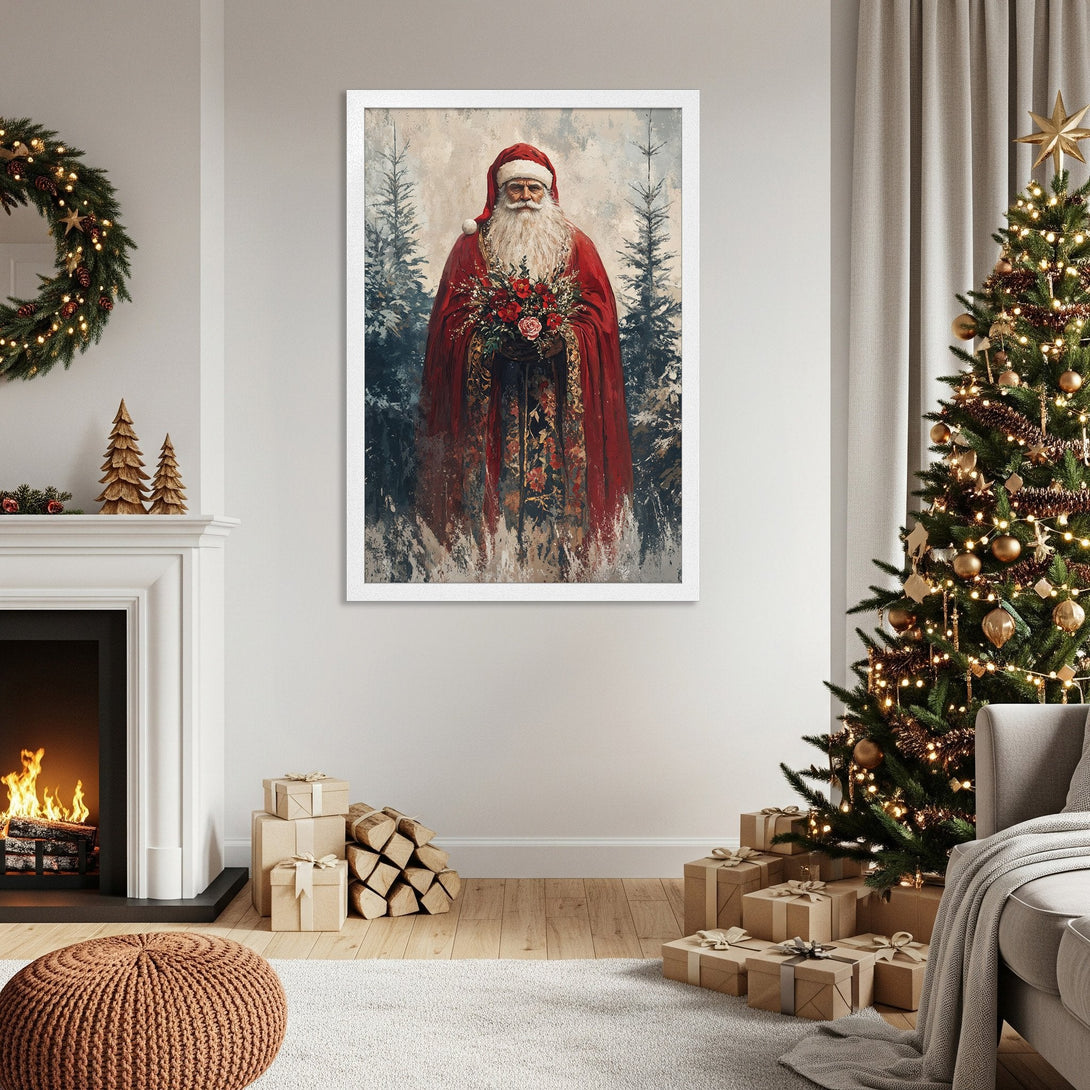 Framed Poster featuring Santa Claus in a vintage style. Rich red and neutral tones create a cozy Christmas vibe. Perfect holiday decor!