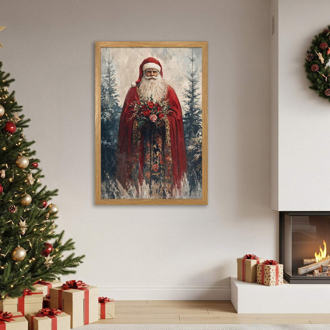 Framed Poster featuring Santa Claus in a vintage style, with a red and neutral color palette. Perfect Christmas decor!