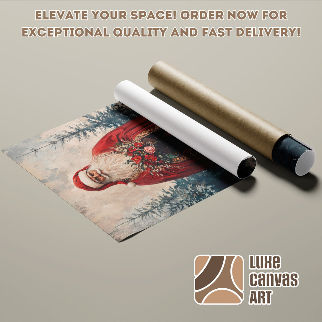 Santa Claus Poster Roll in a winter scene, with red and neutral color palette. Order now!
