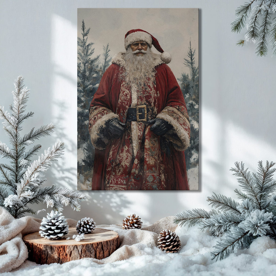 Framed Wall Art: Vintage Santa Claus Canvas Print in a festive interior. Rich red, gold, and green color palette for a cozy Christmas vibe.