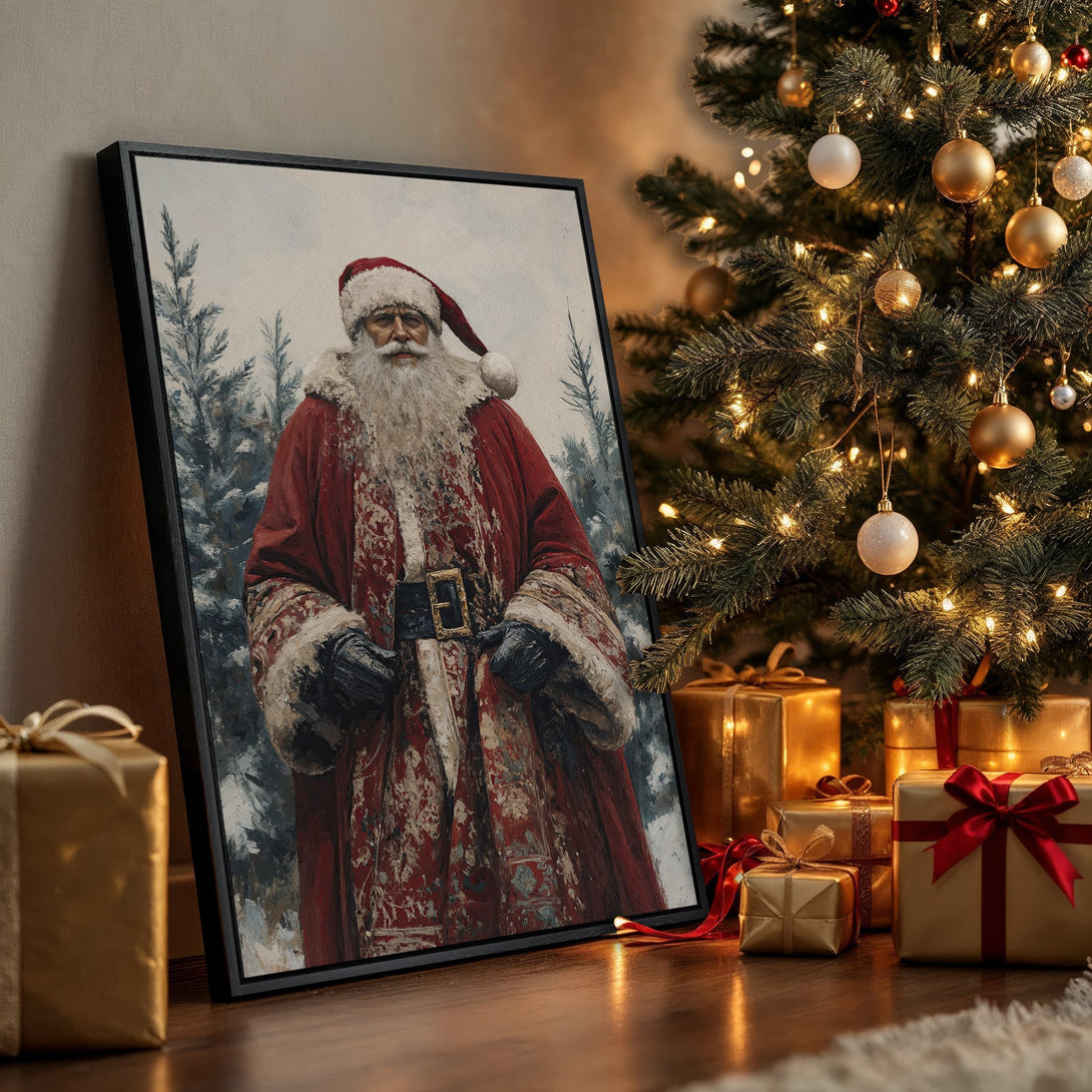 Framed Wall Art: Vintage Santa Claus portrait in a cozy Christmas setting. Rich red, gold, and neutral tones create a warm, festive atmosphere. Perfect holiday decor!