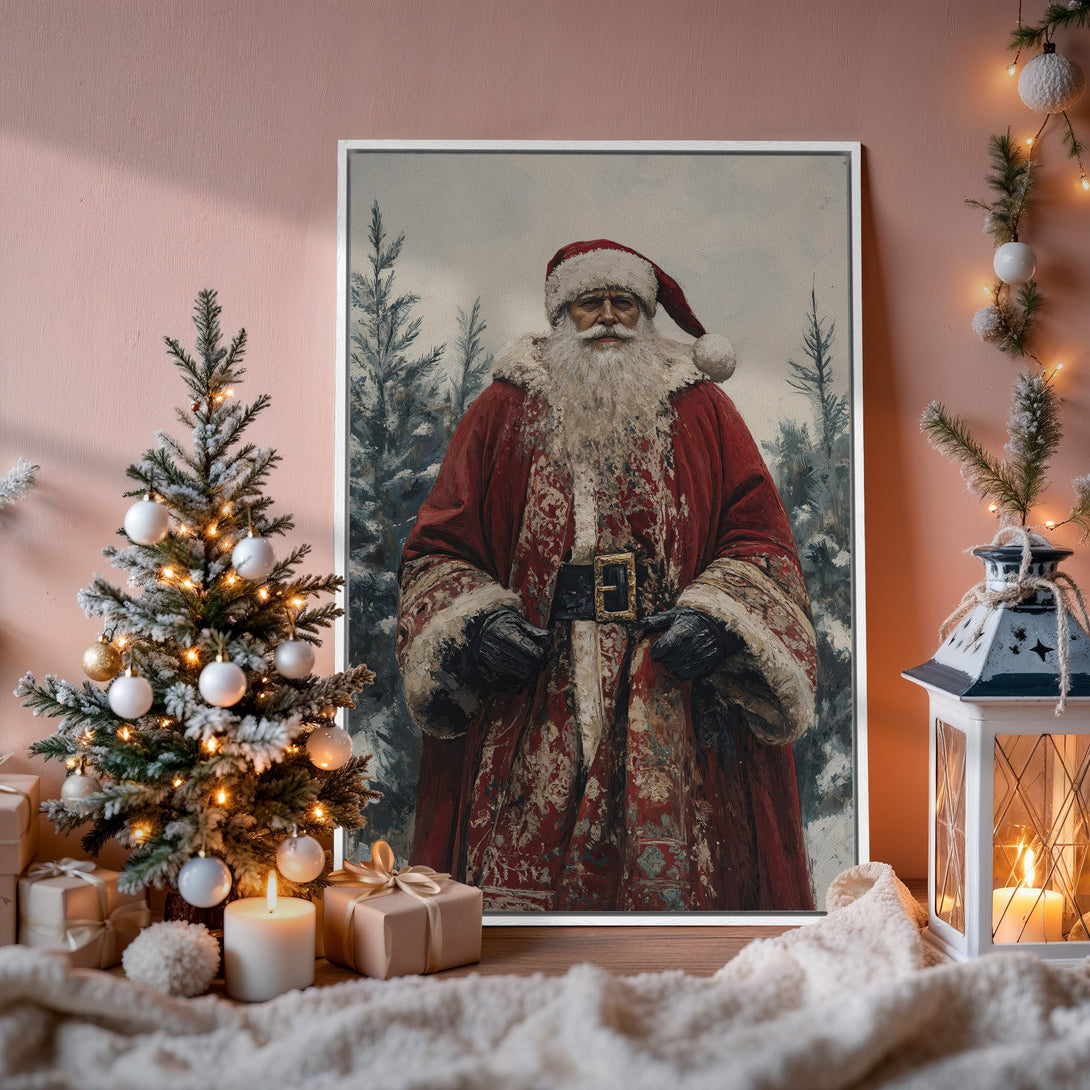 Framed Wall Art featuring Santa Claus in a vintage style, rich red and neutral color palette. Perfect Christmas decor for your home!