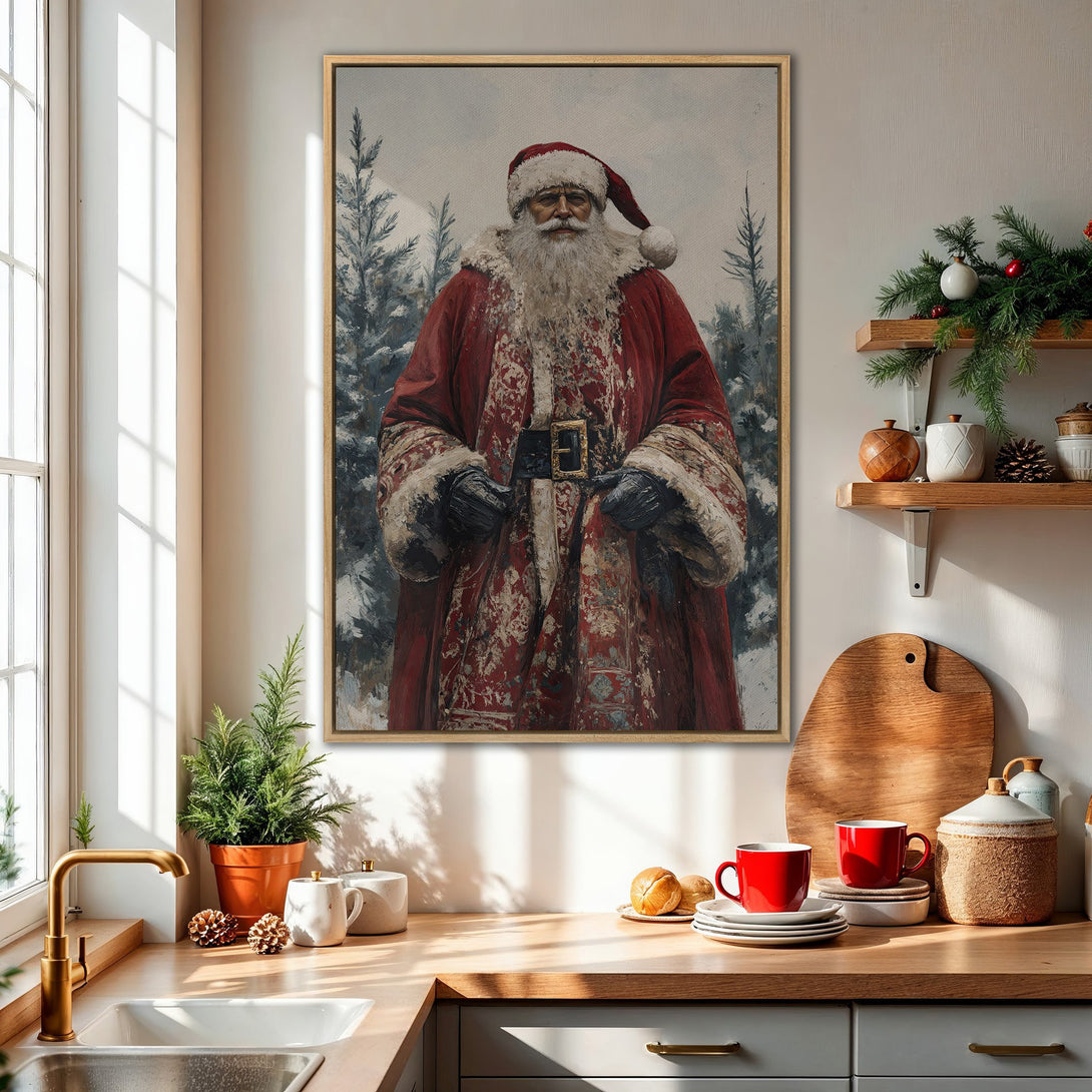 Framed Wall Art: Vintage Santa Claus painting in a warm red and neutral palette. Perfect Christmas decor for a cozy, inviting home. Shop now!