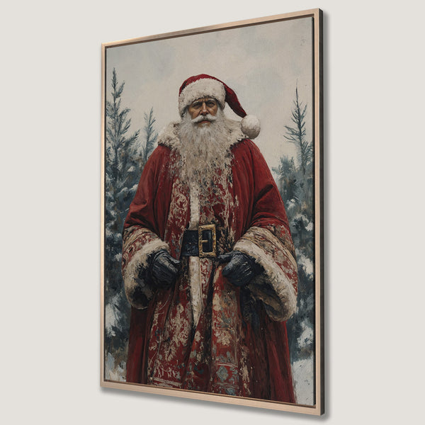Framed Wall Art: Majestic Santa Claus portrait in a vintage style, featuring a red and white color palette. Perfect Christmas decor for your home!