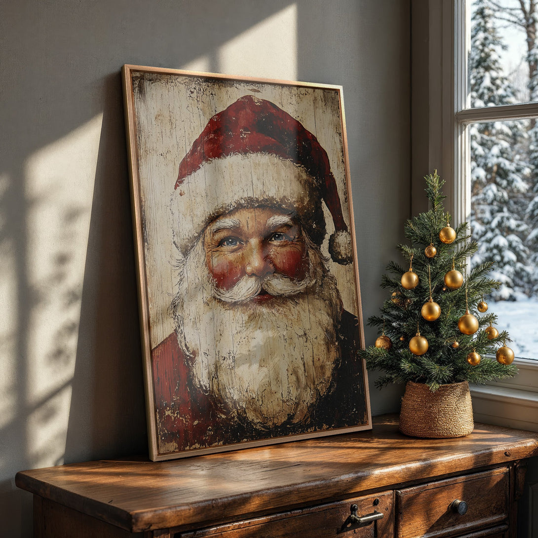 Framed Wall Art of Santa Claus in a vintage style, featuring a red and cream color palette. Perfect Christmas decor!